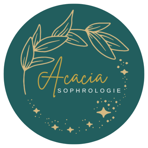 Logo Acacia Sophrologie : Élégance Naturelle et Bien-être Logo circulaire vert foncé avec lettrage doré 'Acacia Sophrologie', une branche d'acacia stylisée et des étoiles scintillantes.
