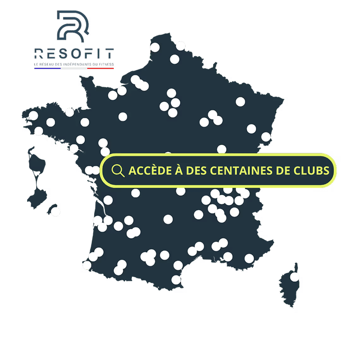 Accès aux Clubs RESOFIT en France : Trouvez Votre Salle Carte de France foncée avec points blancs représentant des clubs, marquée du logo RESOFIT et du bouton "Accède à des centaines de clubs".