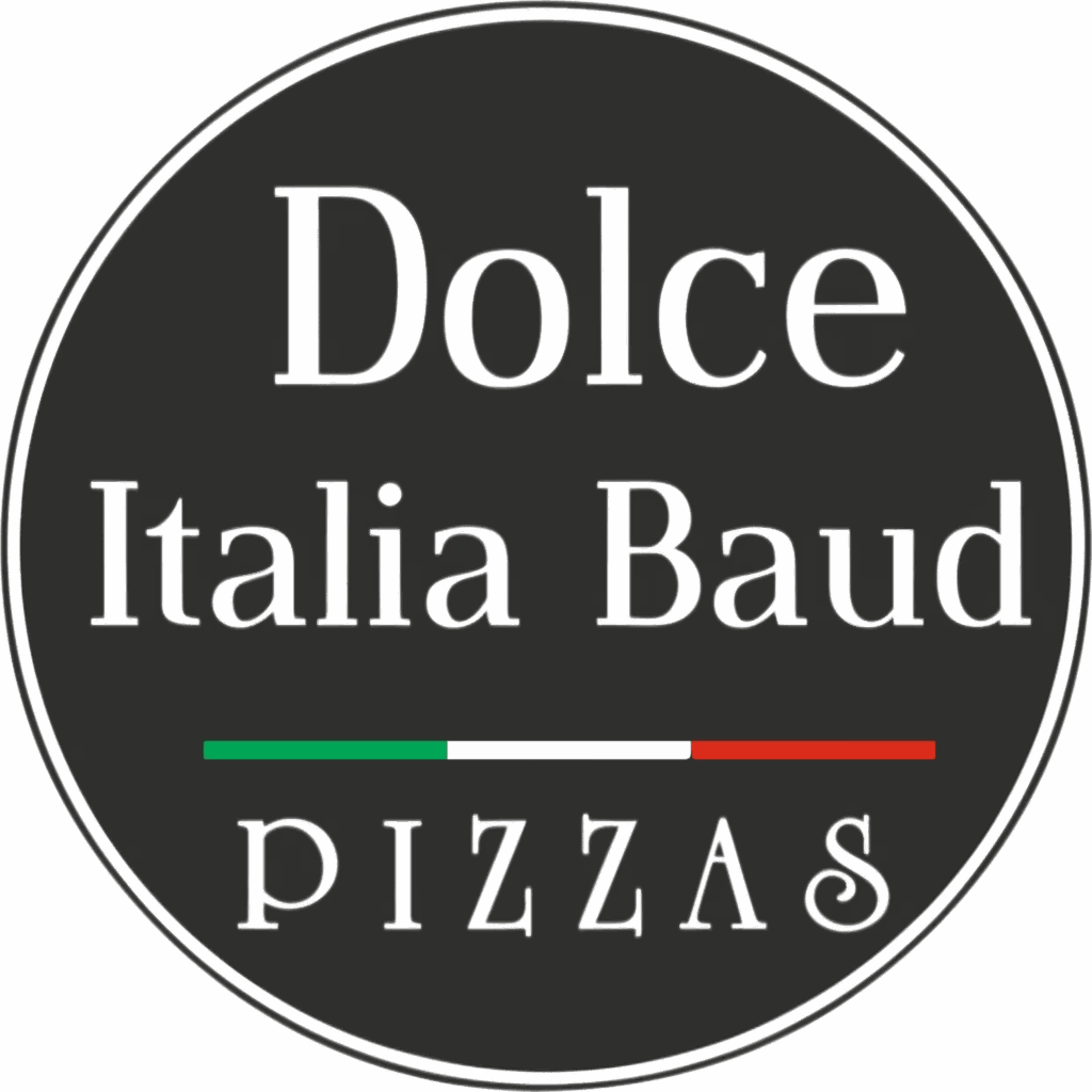 Dolce Italia Baud Pizzas : Logo Classique Italien Logo circulaire pour "Dolce Italia Baud Pizzas" sur fond vert foncé, utilisant des polices stylisées et un drapeau italien.