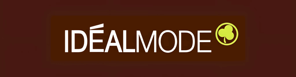 Logo "IDÉALMODE" en blanc sur fond marron foncé, suivi d'un trèfle vert clair dans un cercle.