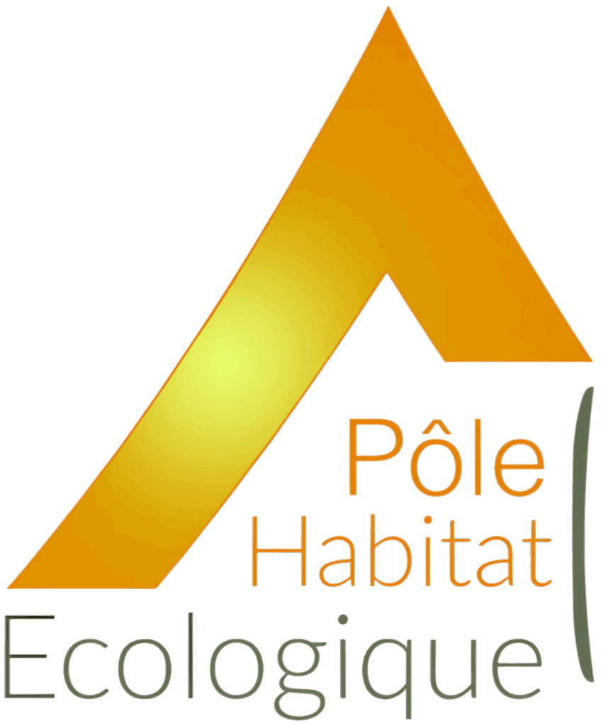 Logo Pôle Habitat Écologique : Toit Stylisé Vert Logo Pôle Habitat Écologique : une forme de toit stylisée jaune-orangé sur fond vert foncé, avec le texte "Pôle Habitat Écologique".