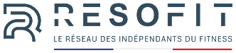 RESOFIT : Réseau Indépendants du Fitness | Logo Logo RESOFIT en bleu foncé avec un symbole stylisé de 'R', suivi du slogan « LE RÉSEAU DES INDÉPENDANTS DU FITNESS » et d'une ligne tricolore française.