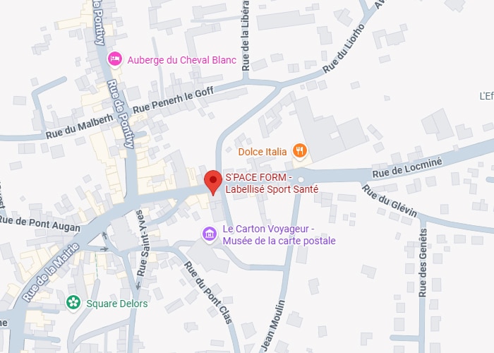 S'PACE FORM Pontivy : Plan et Adresses Utiles Carte localisant S'PACE FORM - Labellisé Sport Santé près de Dolce Italia, Auberge du Cheval Blanc et diverses rues (Pontivy, Saint-Yves, Locminé).