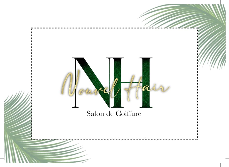 Nouvel Hair : Logo élégant de salon de coiffure tropical Logo NH de Nouvel Hair Salon de Coiffure avec texte doré et feuilles de palmier tropicales.